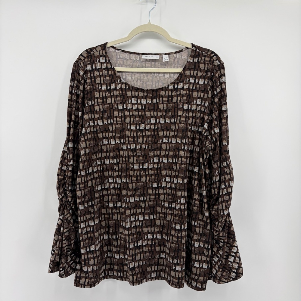 Susan Graver Womens XL Brown Geometric Mosaic Top Ruched Long Sleeve Scoop Neck